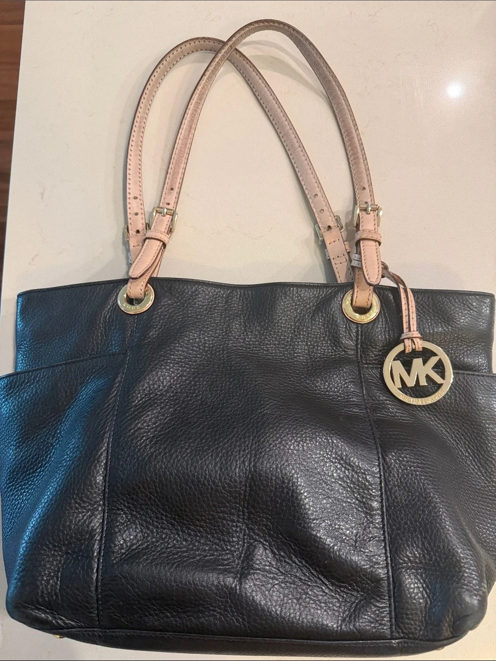 Michael Kors Black Leather Tote with Tan Straps and Gold MK Charm